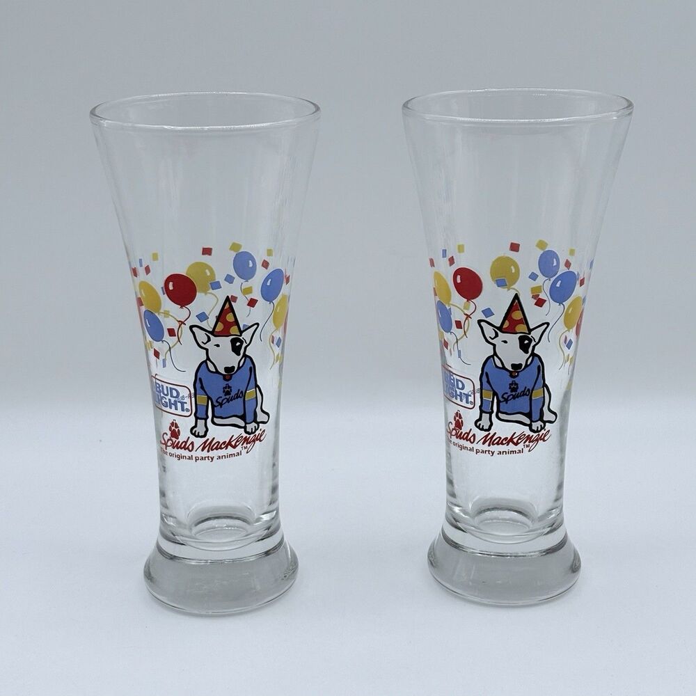 Bud Light Spuds MacKenzie Tall Beer Glasses Vintage 1987 Set Of 2